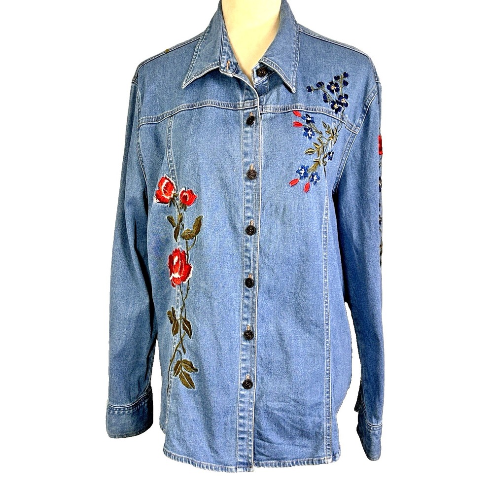 Women's Embroidered Denim Shirt Jacket Shacket Floral Roses Cuffs Collar Vintage